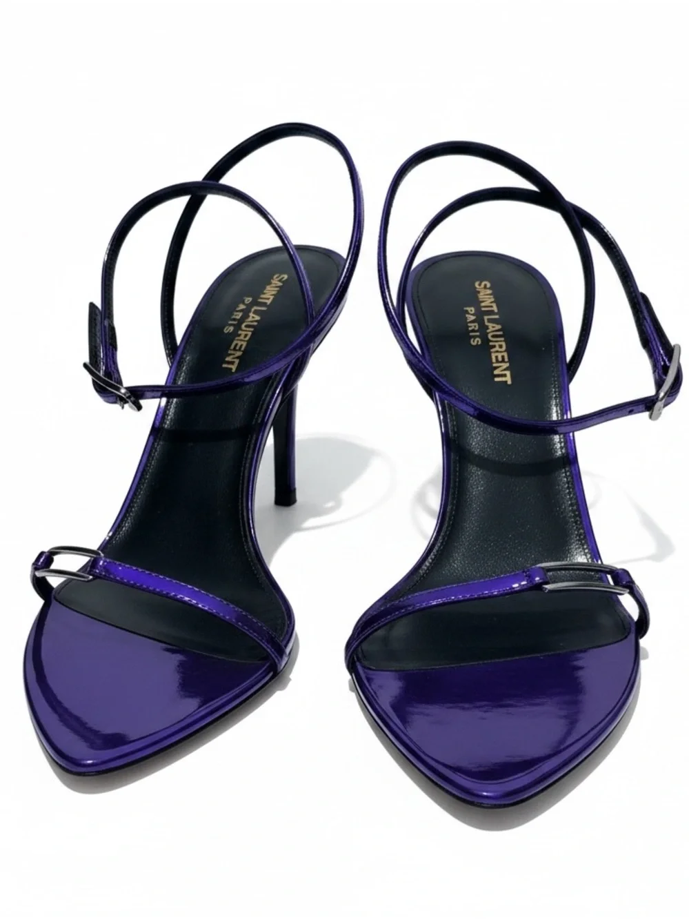 Saint Laurent Kitty 75 Metallic Plum Violet Sandals Heels 38.5 NIB - Picture 1 of 14